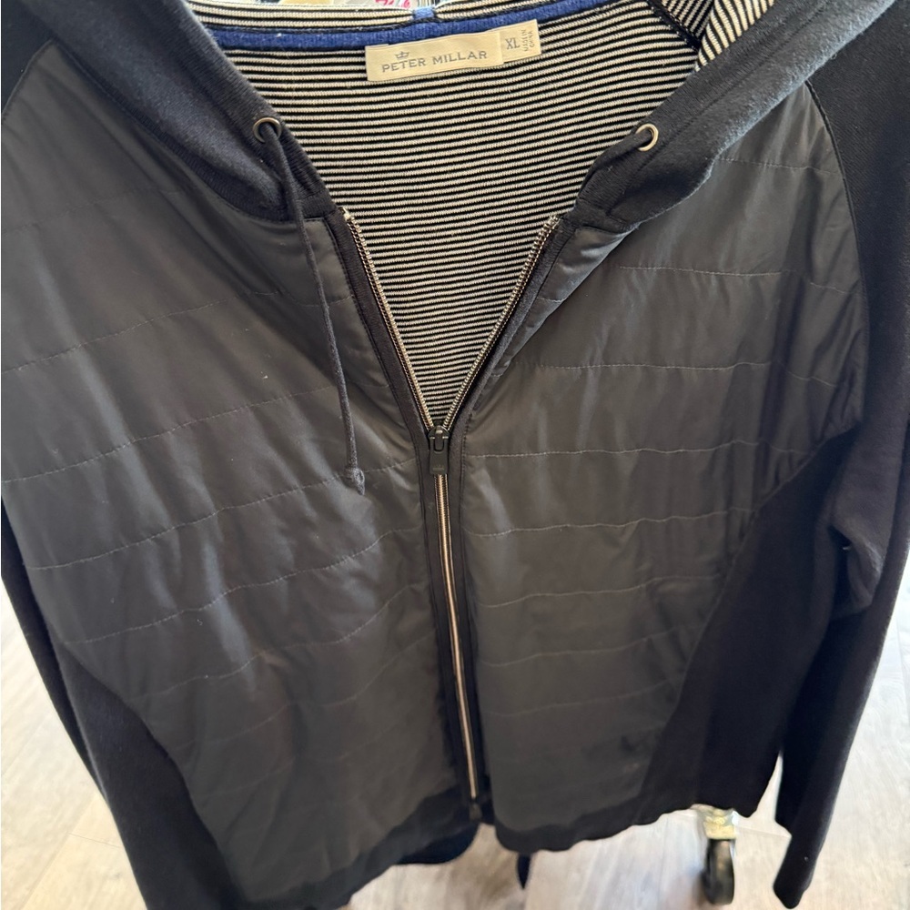 Peter Millar Navy Hooded Cardigan with striped lining